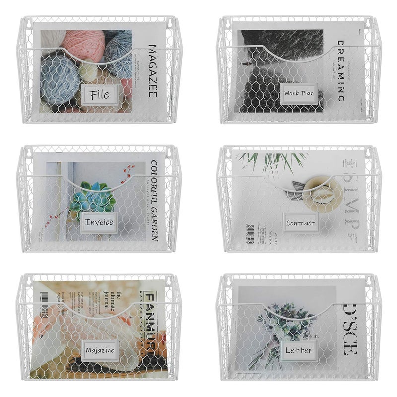 PAG 6 Pockets Hanging File Holder Wall Mount Mail Organizer Metal Chicken Wire Magazine Rack with Tag Slot, White - Image 1